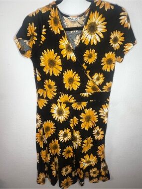 Black Midi Wrap Dress with Yellow Sunflower Print-108